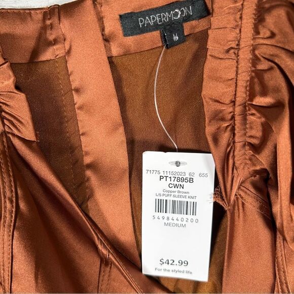 Papermoon Buckle Puff Sleeve Satin Copper Corset Cropped Top M NWT $43 - Picture 5 of 9